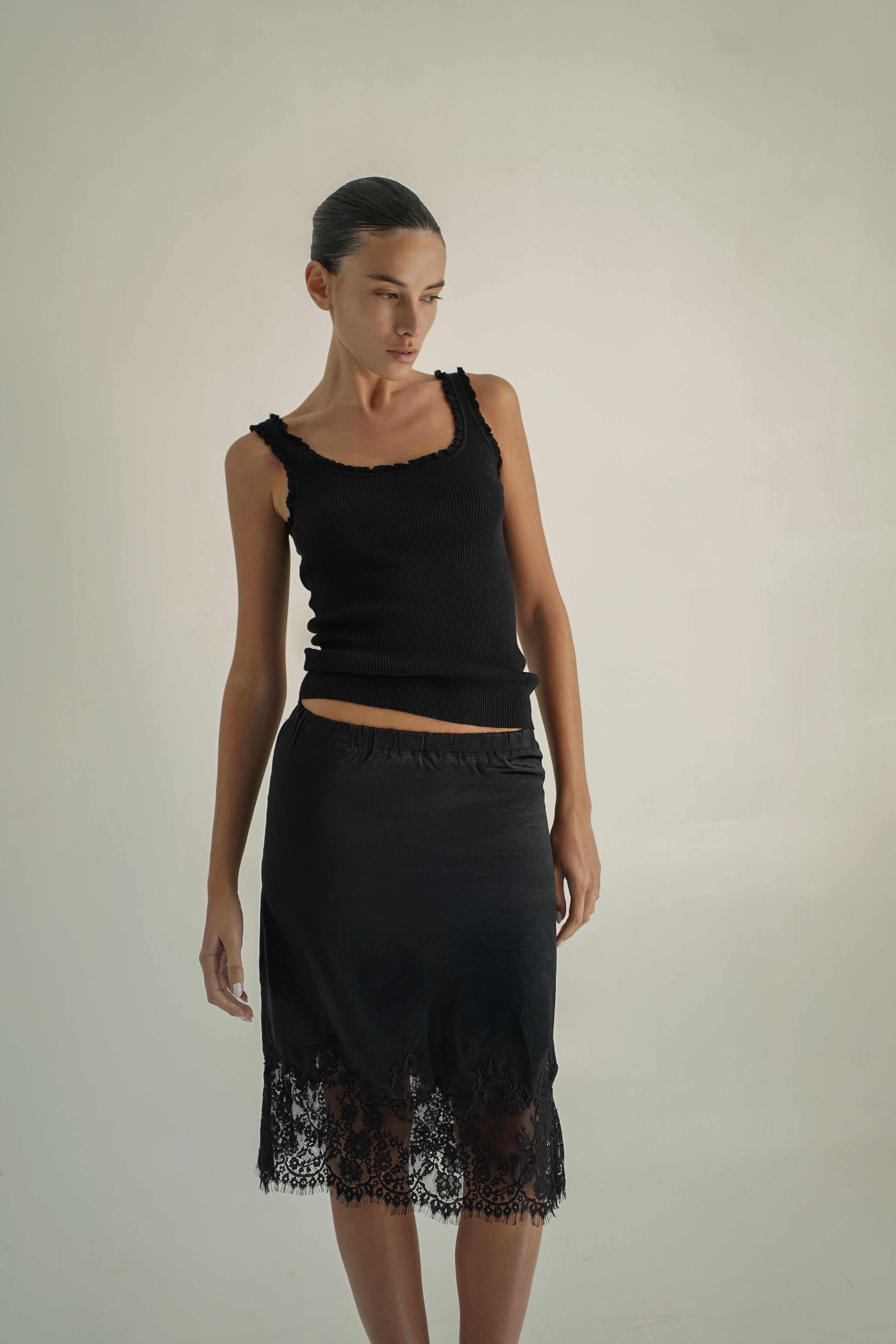 Satin lace skirt Black
