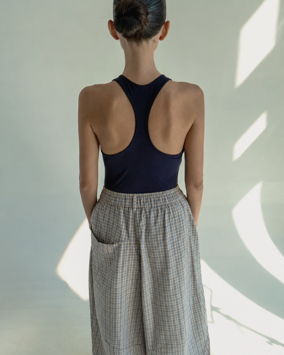 Checked balloon pants blue-beige
